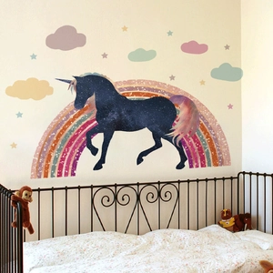 Rainbow unicorn wall decal set with stars and clouds for nursery room decor