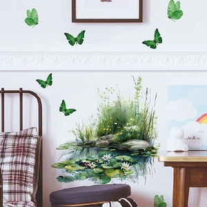 Green Butterfly Lotus Pond Wall Stickers Removable PVC Nature Landscape Decals For Living Room Bedroom Home Decoration