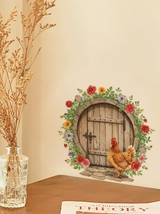 Detail of Easter wooden door and chicken wall sticker in a cozy home interior setting