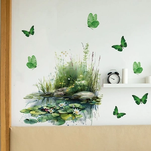 Watercolour nature wall sticker featuring green butterflies and white lotus pond decor