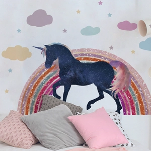 Rainbow unicorn wall stickers with starry galaxy texture and colorful clouds for nursery