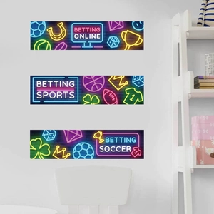 Neon sports betting wall decals featuring football and basketball for home decor