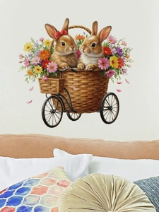 Dettaglio dell'adesivo murale con conigli in un cesto di fiori su una bici retrò
