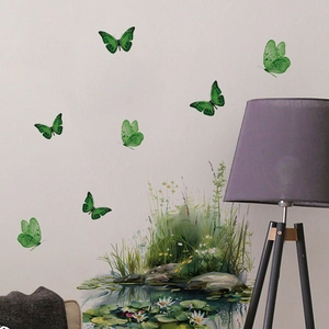 Self-adhesive green butterfly and water lily wall decals for living room decor