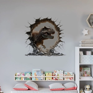 Realistic 3D T-Rex wall sticker showing a dinosaur breaking through a wall for home decor