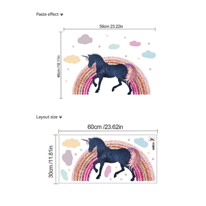Rainbow unicorn wall decal with stars and clouds for nursery decor, 60x30cm layout size