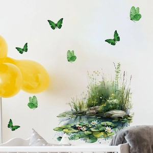 Self-adhesive green butterfly and watercolor plant wall stickers for living room decor