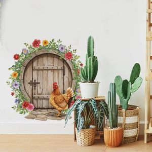 Rustic Easter rooster door wall sticker with flowers for living room decor