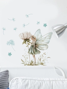 Detail of watercolor fairy wall sticker with peony flowers in a bedroom setting