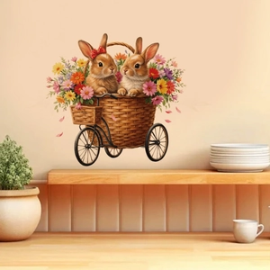 Adesivo murale con coniglietti di Pasqua su triciclo floreale per arredo soggiorno