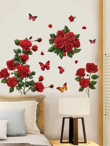 Detailed realistic red roses and butterflies wall stickers for bedroom decor