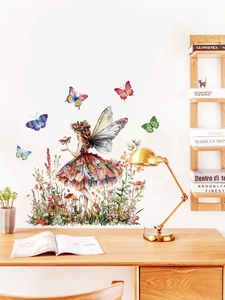 Macro view of watercolor flower fairy wall sticker with butterflies in a cozy room setting