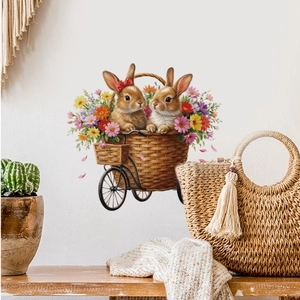 Adesivo murale con coniglietto pasquale e fiori in un cesto su una bicicletta vintage