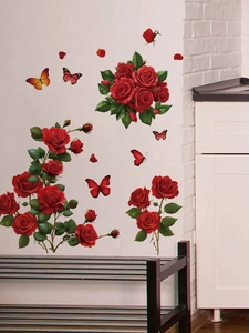 Detailed wall sticker showing red roses and colorful butterflies on white bedroom wall
