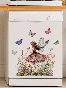 Detail of floral fairy and butterfly sticker on a white dishwasher for home decor
