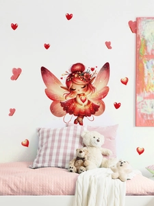 Dettaglio dell adesivo fatina dei fiori rossa con cuori e farfalle per camera bambini
