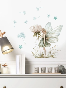 Close-up of floral fairy wall sticker in watercolor style for a living room decoration