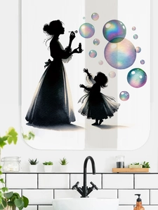 Detail of mother and child silhouette wall sticker on bathroom mirror with colorful bubbles