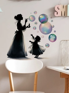 Detail showing silhouettes of woman and child with colorful iridescent bubble wall stickers