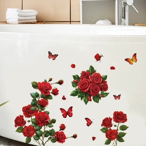Red roses and butterflies PVC wall decals shown on a white bathtub in a modern bathroom