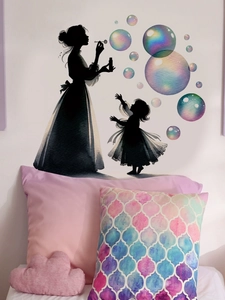Detail showing a mother and daughter silhouette wall decal with colorful bubbles
