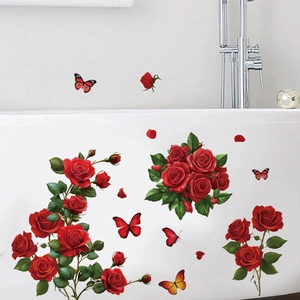 Red rose and butterfly wall stickers for home decor on white bathtub and wall surface