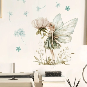 Watercolor fairy wall sticker with green dress and pink flower for bedroom decor
