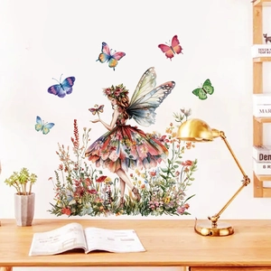 Watercolor Flower Fairy Butterfly Wall Sticker Removable PVC Aesthetic Fairy Floral Wall Decals For Bedroom Living Room Decor