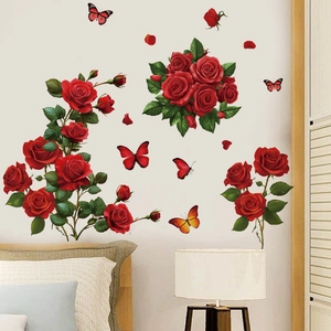 Romantic red rose and butterfly wall stickers for bedroom home decor in PVC self-adhesive