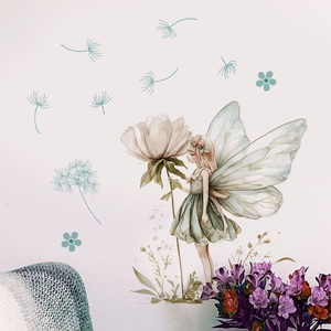 Watercolor wall sticker featuring a winged flower fairy in a cozy bedroom setting
