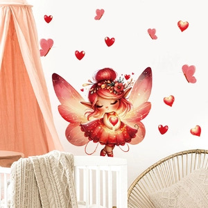 Adesivo da Parete Cartone Animato Fata Ragazza Fiori Rimovibile PVC Rosso Cuore Farfalla Decalcomania per Camera Bambini