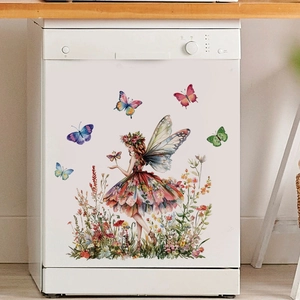Watercolor fairy wall sticker with colorful butterflies for home decor and dishwasher