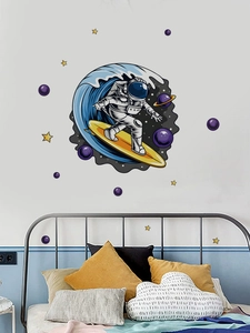 Sticker mural astronaute surfant sur des vagues étoilées pour décoration de chambre