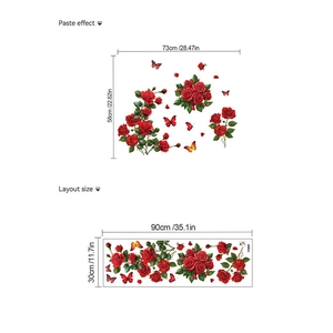 Red roses and butterflies wall stickers set for bedroom home decor layout and size