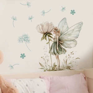 Whimsical floral fairy wall decal with dandelion elements for a cozy bedroom decor