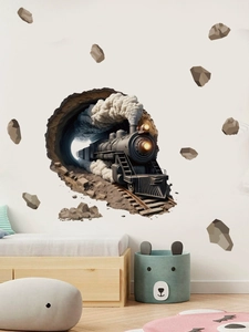 Detailed 3D wall decal of a vintage steam train bursting from a tunnel with flying stones