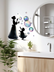 Detail of mother and child silhouette wall decal with colorful bubbles in a modern bathroom