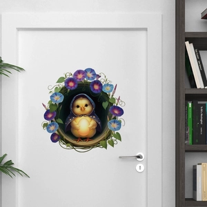 Cartoon chick wall decal with flowers on white wooden door for home room decor