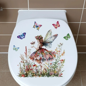 Self-adhesive butterfly girl wall sticker for home decor on a white toilet lid