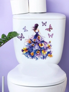 Detail of waterproof butterfly girl toilet sticker with watercolor floral petal dress