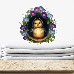 Cartoon chick wall sticker with blue star cape and purple morning glory flowers for home decor
