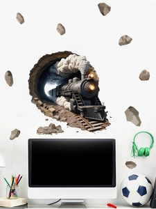 3D view of vintage steam train crashing through a tunnel with realistic rock debris wall decals