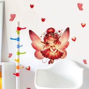 Adesivo Murale Fata dei Fiori Rossa con cuori e farfalle per decorazione del soggiorno