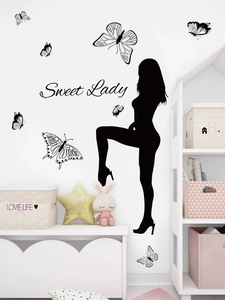Detail of Sweet Lady wall decal with black female silhouette and butterfly stickers
