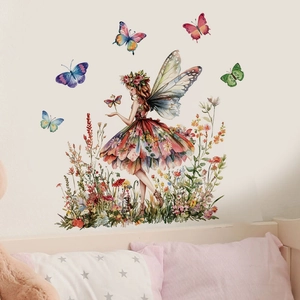 Watercolor flower fairy wall sticker with butterflies for girls' bedroom home decor