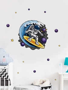 Détail du sticker mural espace avec astronaute surfeur parmi les planètes et étoiles