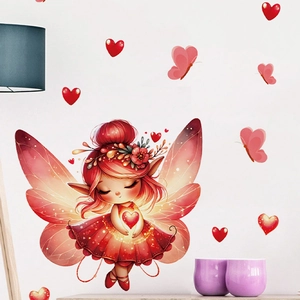 Adesivo murale fata rossa con ali rosa e cuori per decorazione della camera