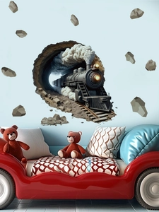Detail view of 3D steam train wall sticker crashing through tunnel with debris