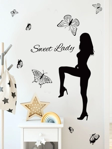 Detail of black vinyl wall sticker with woman silhouette butterfly and Sweet Lady text