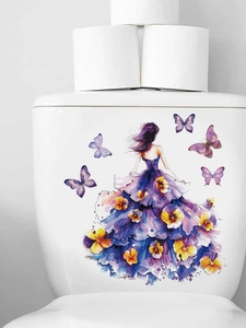 Close-up of purple flower dress girl and butterflies watercolor sticker on a white toilet